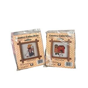2 Country Collectibles Farm Scene & Boy Duck Mini Cross Stitch Kit Frame 1987
